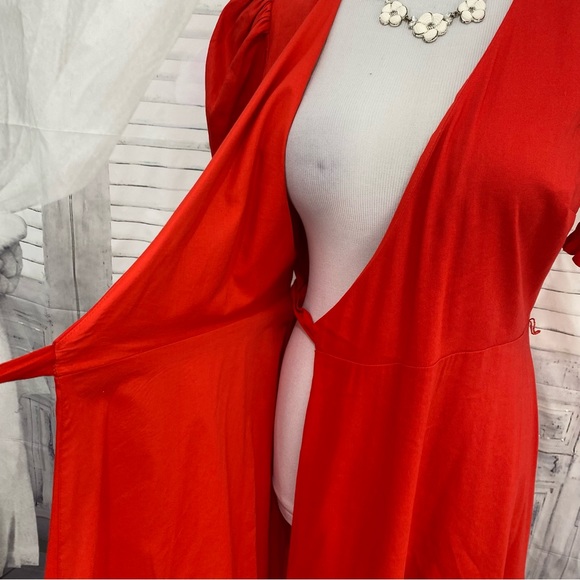 Antonio Melani Solid Red Linen Surplice V-Neck Short Puff Sleeve Wrap Tie Dress - Picture 12 of 15